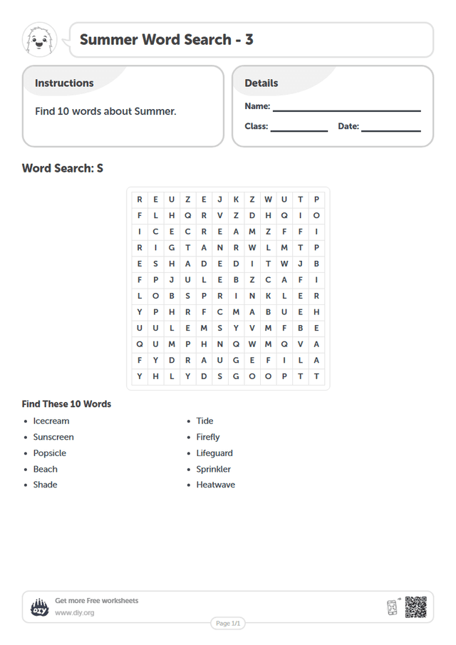 Summer Word Search page 1