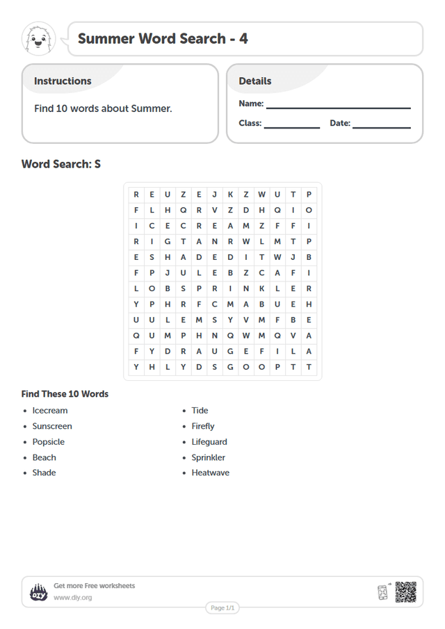 Summer Word Search page 1