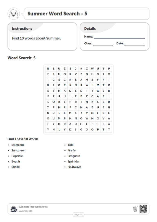 Summer Word Search page 1