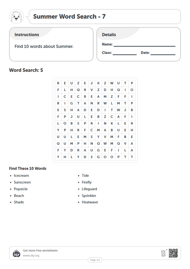 Summer Word Search page 1