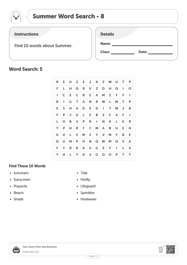 Summer Word Search page 1