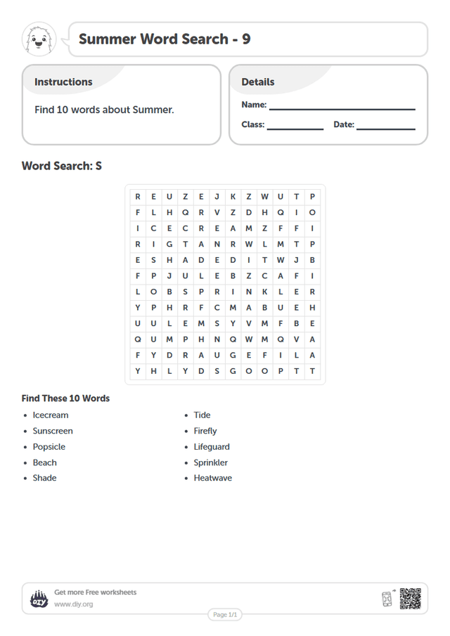 Summer Word Search page 1