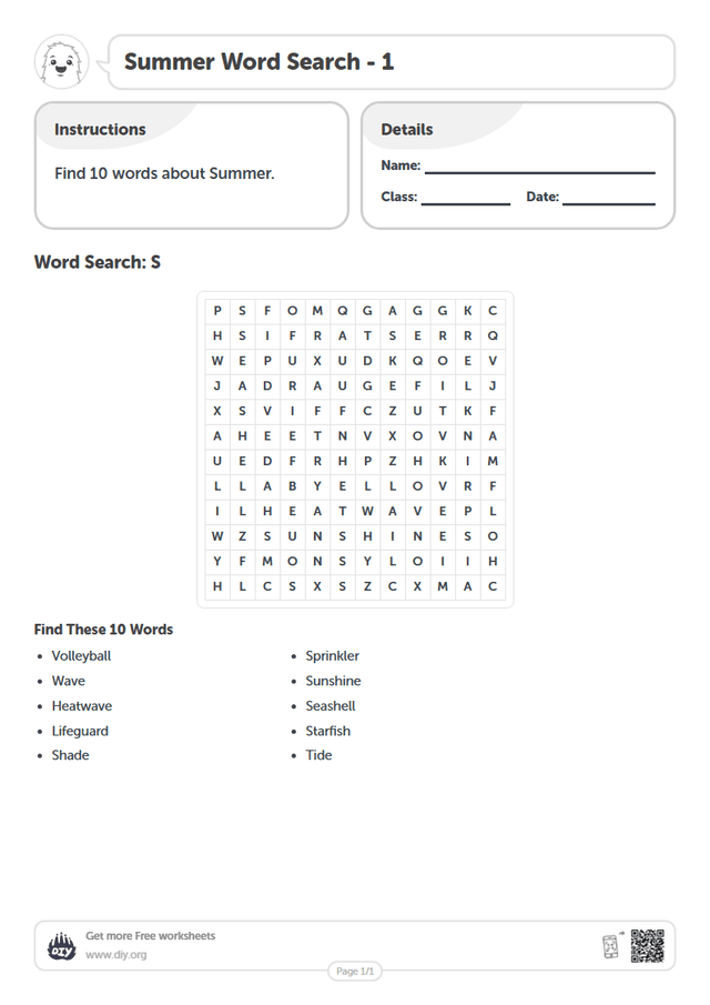 Summer Word Search page 1