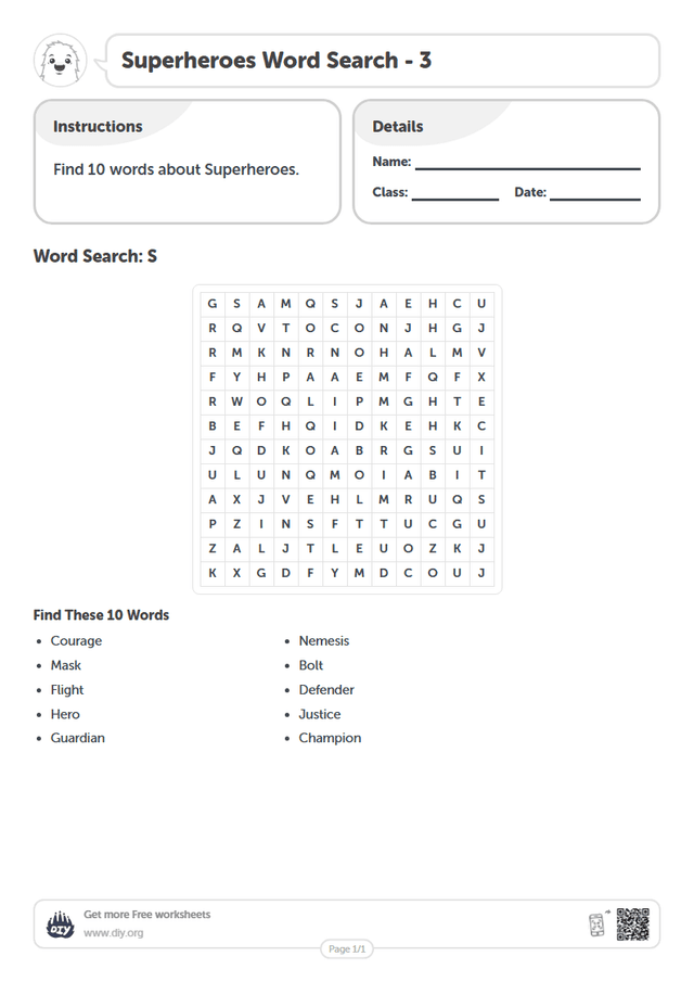 Superheroes Word Search page 1
