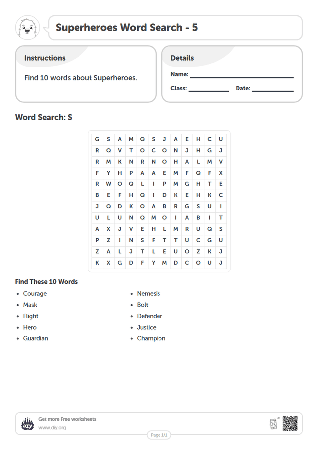 Superheroes Word Search page 1