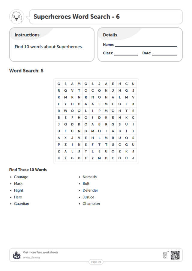 Superheroes Word Search page 1