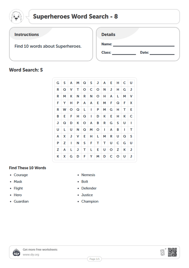 Superheroes Word Search page 1