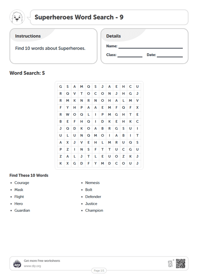 Superheroes Word Search page 1