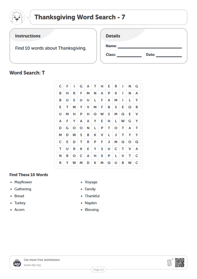 Thanksgiving Word Search page 1