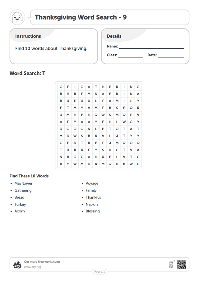 Thanksgiving Word Search page 1