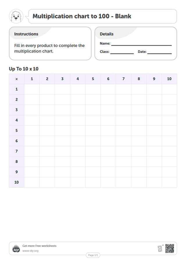 Multiplication chart to 100 - Blank page 1