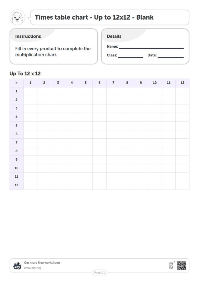 Times table chart - Up to 12x12 - Blank page 1