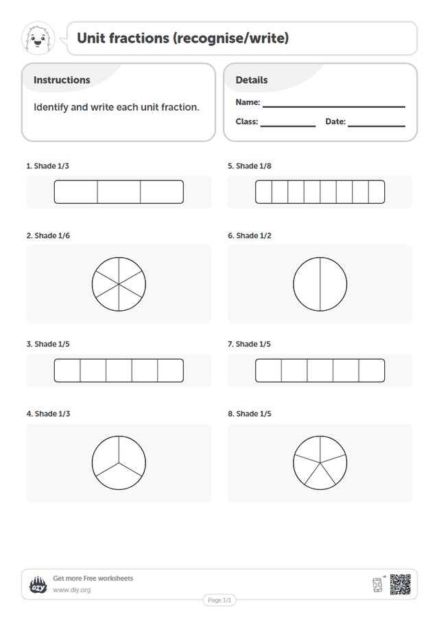 Unit fractions (recognise/write) page 1
