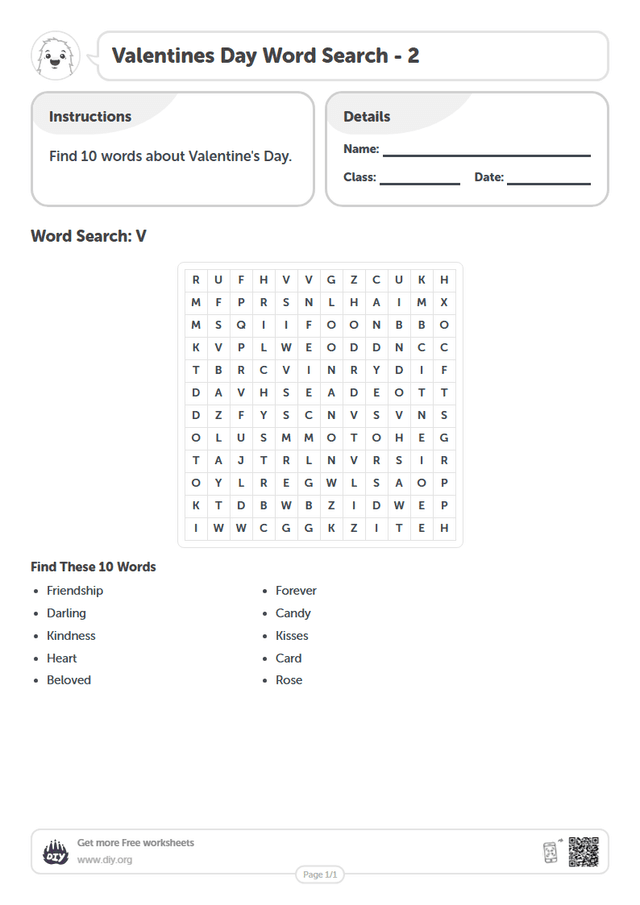 Valentines Day Word Search page 1