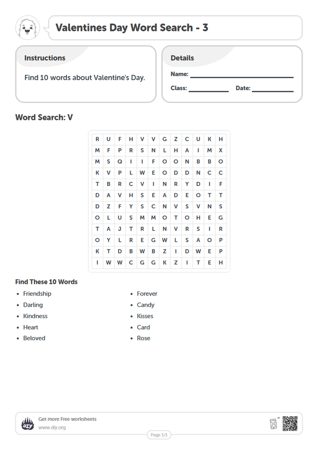 Valentines Day Word Search page 1