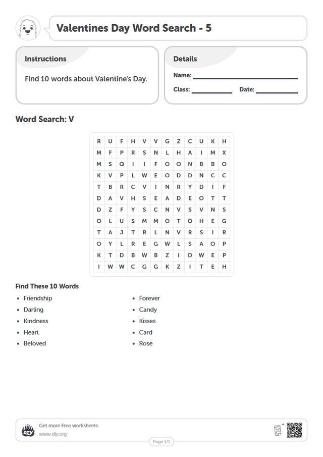Valentines Day Word Search page 1