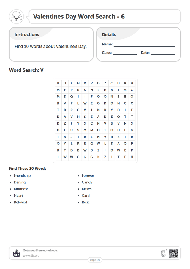 Valentines Day Word Search page 1