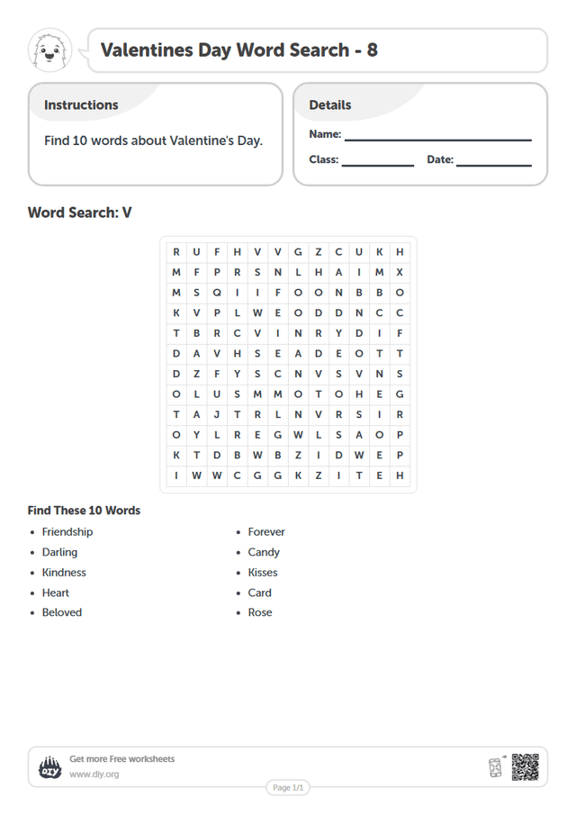 Valentines Day Word Search page 1