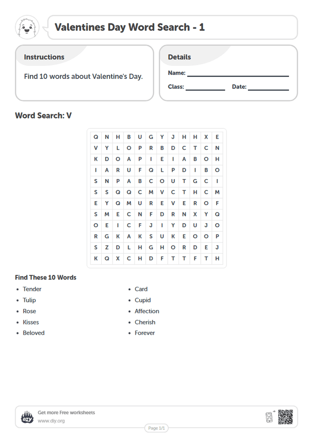 Valentines Day Word Search page 1