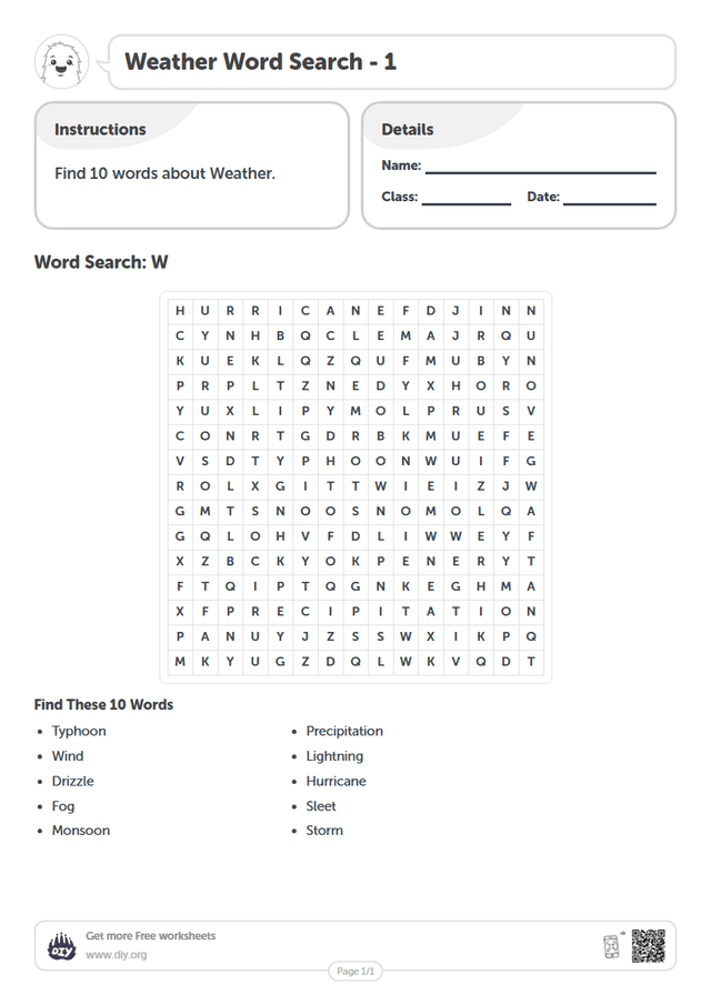 Weather Word Search page 1