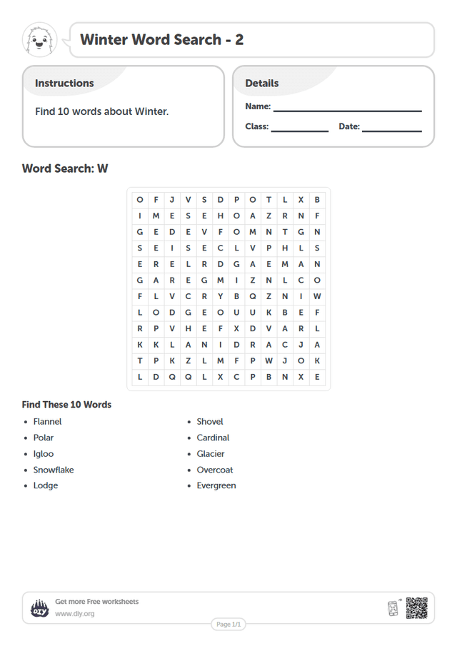 Winter Word Search page 1