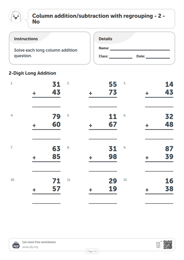 Column addition/subtraction with regrouping - 2 - No page 1