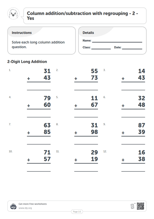 Column addition/subtraction with regrouping - 2 - Yes page 1