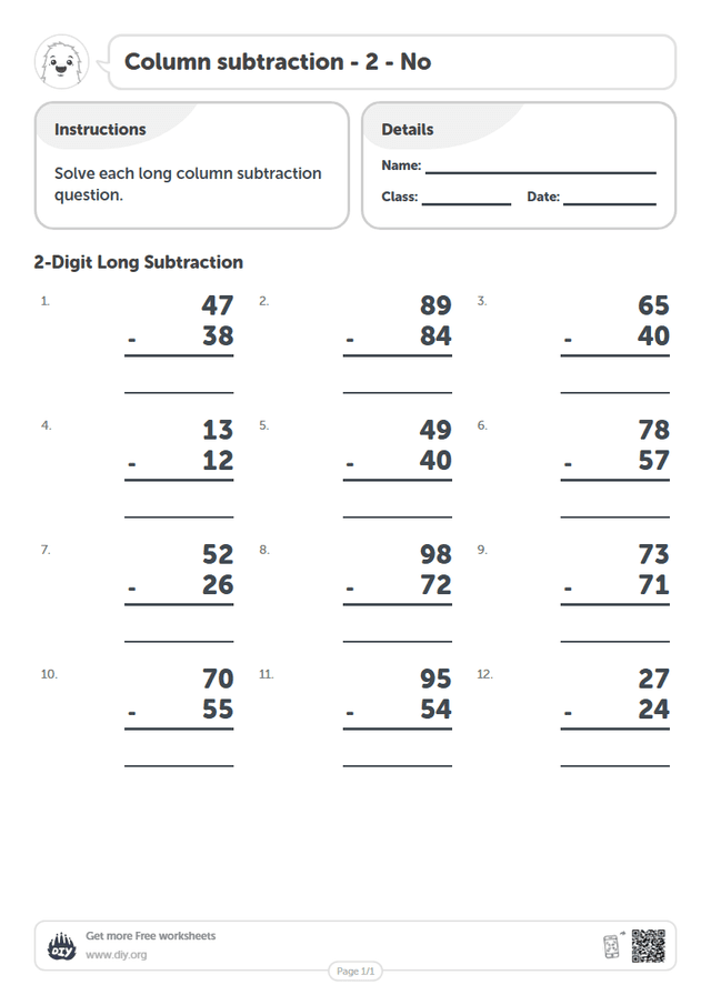 Column subtraction - 2 - No page 1
