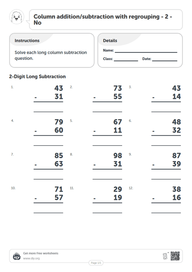 Column addition/subtraction with regrouping - 2 - No page 1