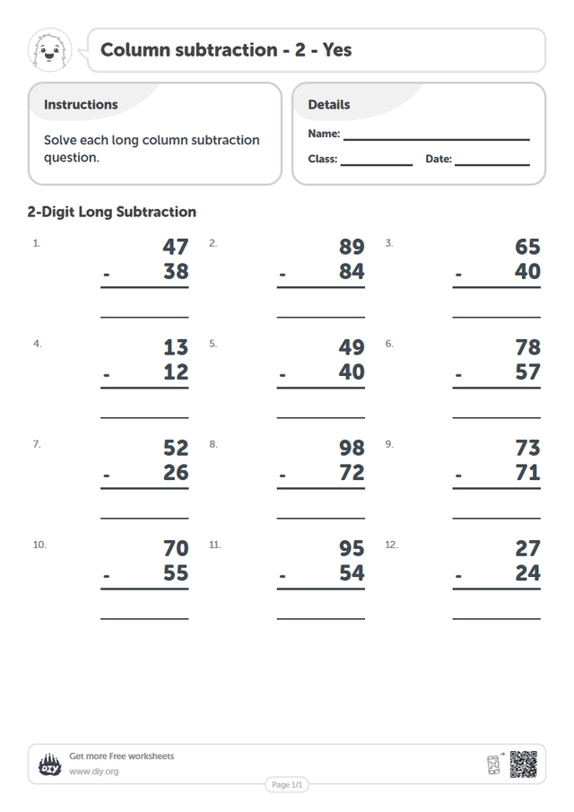 Column subtraction - 2 - Yes page 1