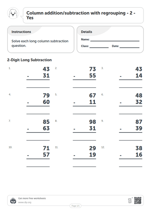 Column addition/subtraction with regrouping - 2 - Yes page 1