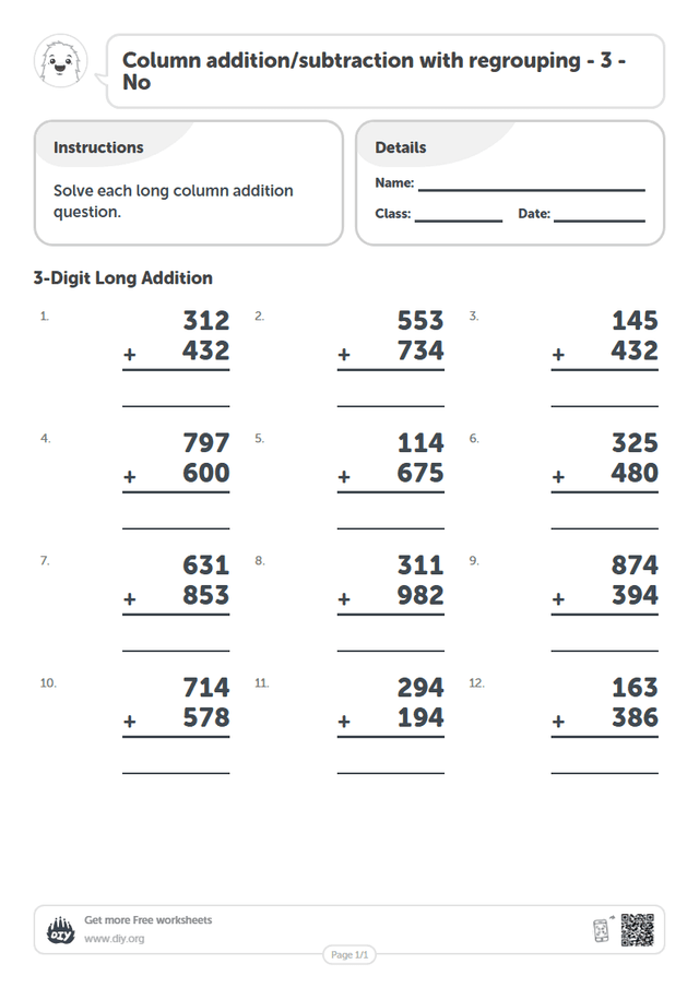Column addition/subtraction with regrouping - 3 - No page 1