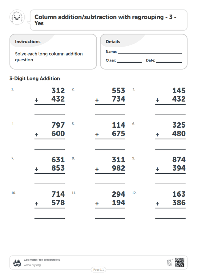 Column addition/subtraction with regrouping - 3 - Yes page 1