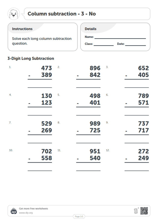 Column subtraction - 3 - No page 1