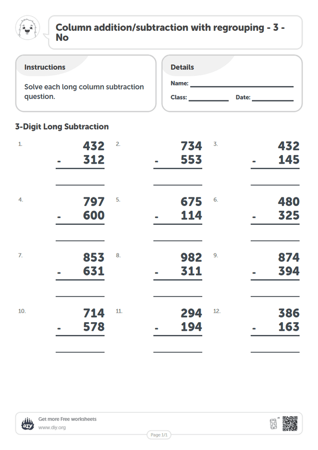 Column addition/subtraction with regrouping - 3 - No page 1