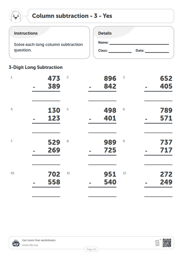 Column subtraction - 3 - Yes page 1