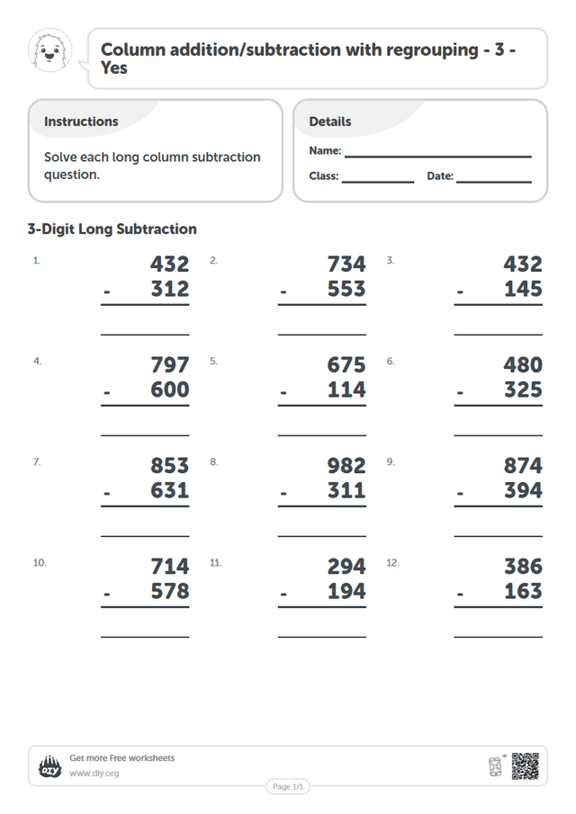 Column addition/subtraction with regrouping - 3 - Yes page 1
