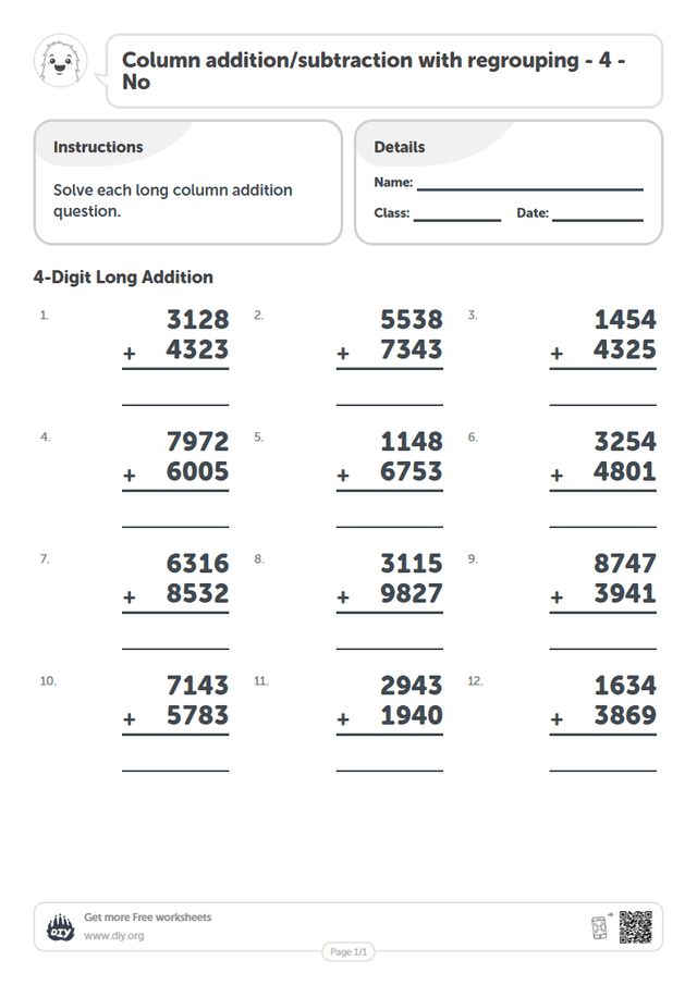 Column addition/subtraction with regrouping - 4 - No page 1