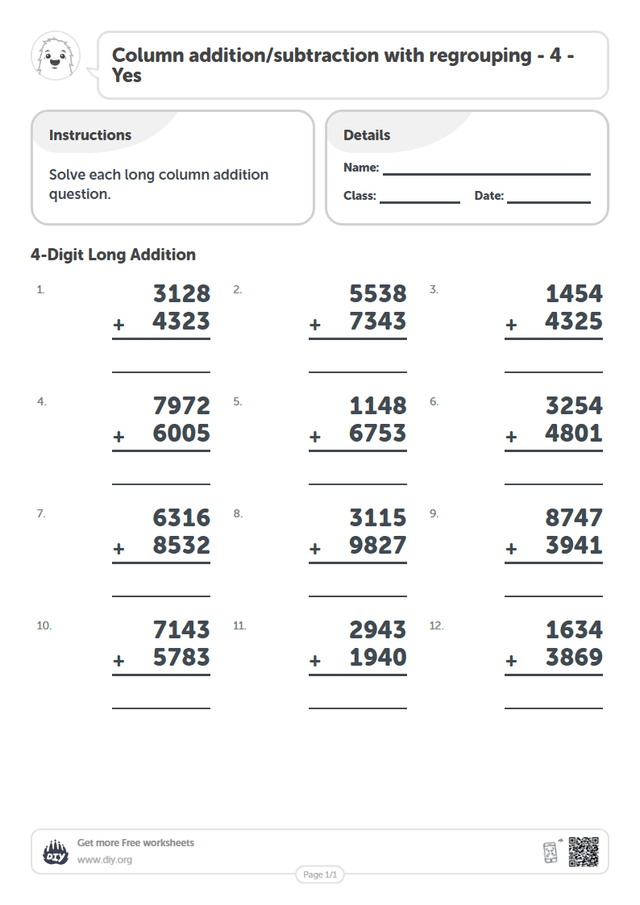 Column addition/subtraction with regrouping - 4 - Yes page 1