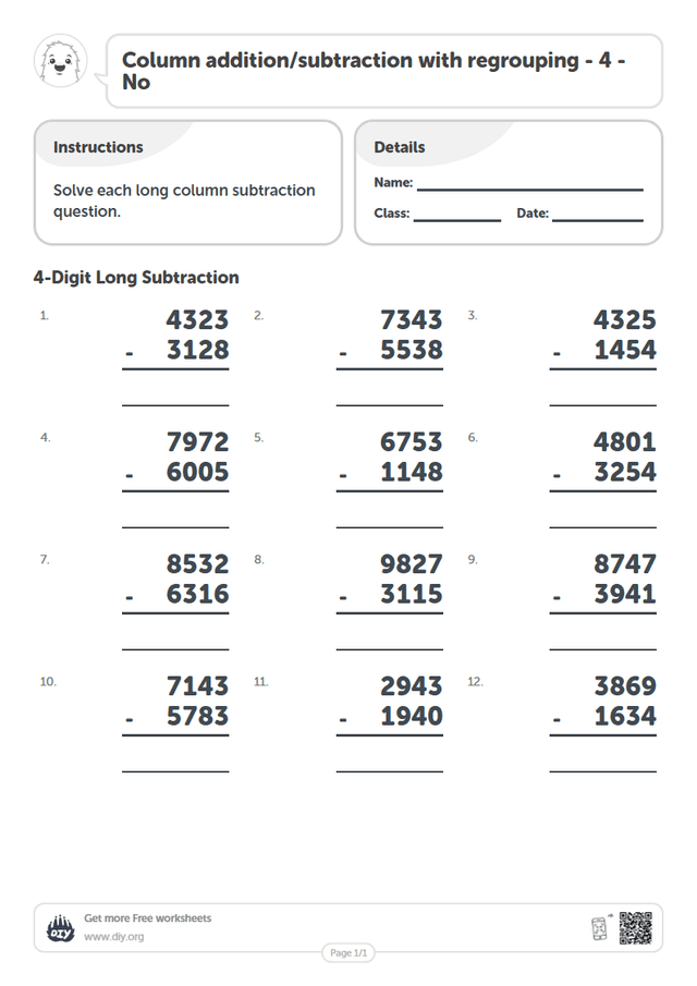 Column addition/subtraction with regrouping - 4 - No page 1