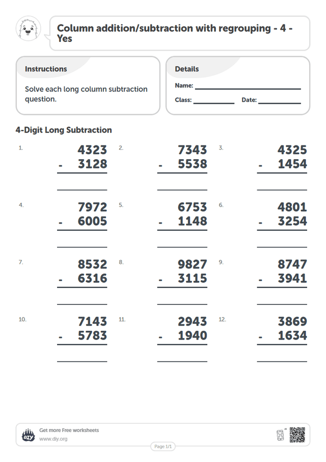 Column addition/subtraction with regrouping - 4 - Yes page 1