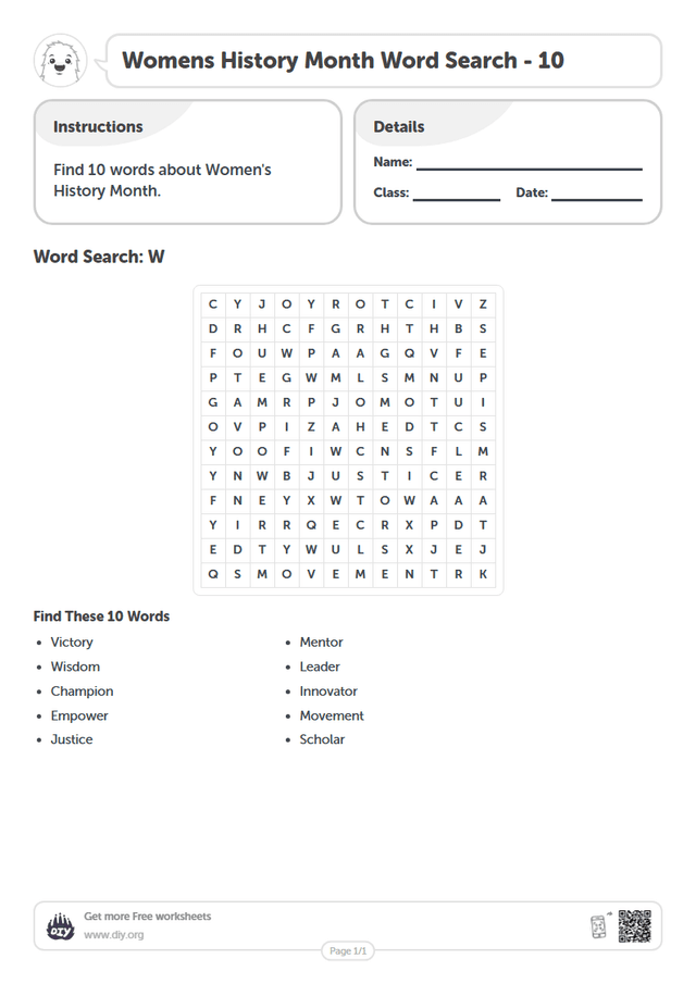 Womens History Month Word Search page 1