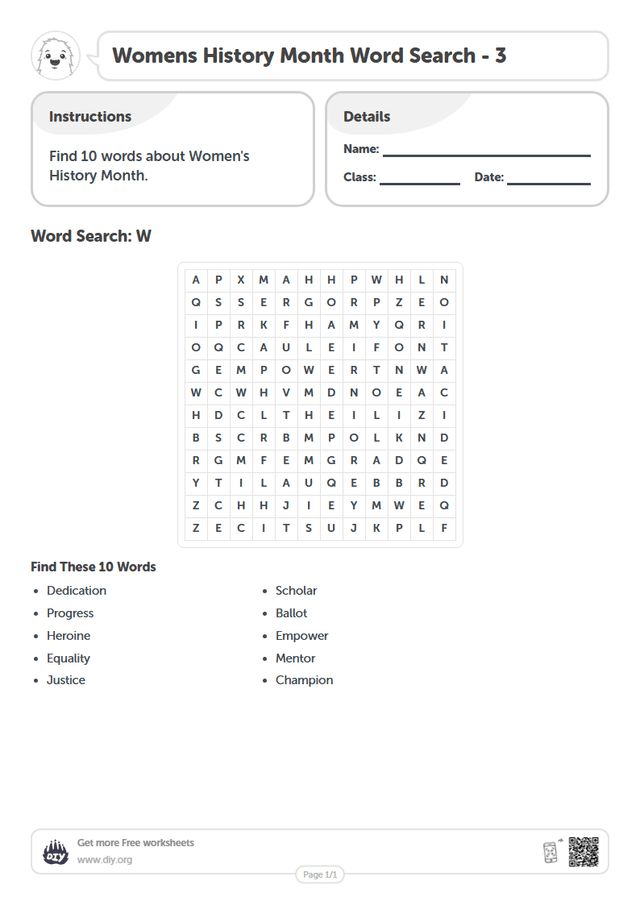Womens History Month Word Search page 1