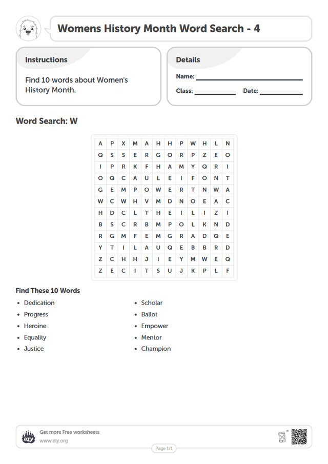 Womens History Month Word Search page 1