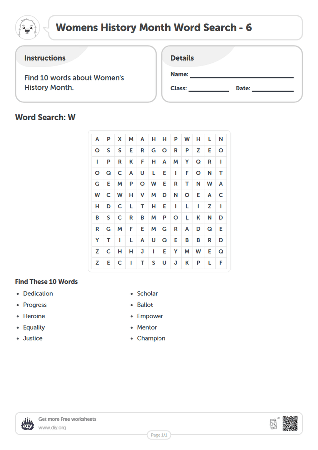 Womens History Month Word Search page 1