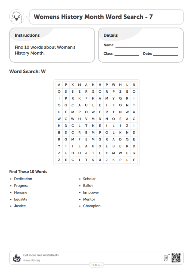 Womens History Month Word Search page 1