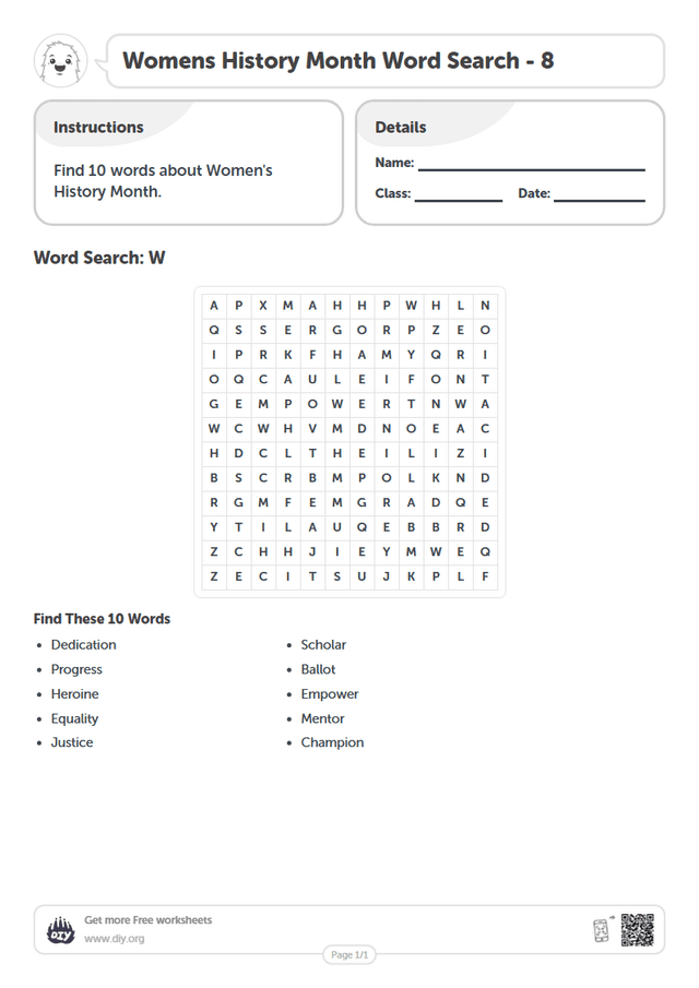 Womens History Month Word Search page 1