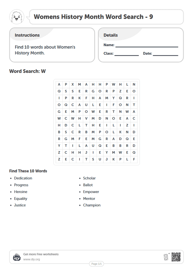 Womens History Month Word Search page 1