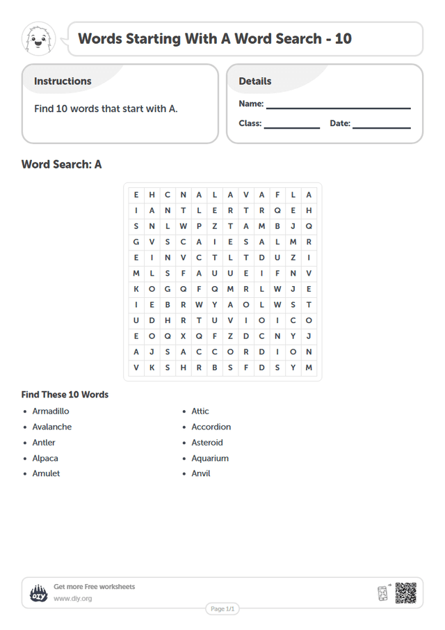 Words Starting With A Word Search page 1