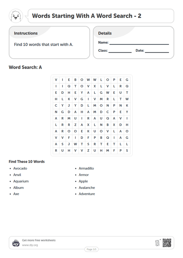 Words Starting With A Word Search page 1